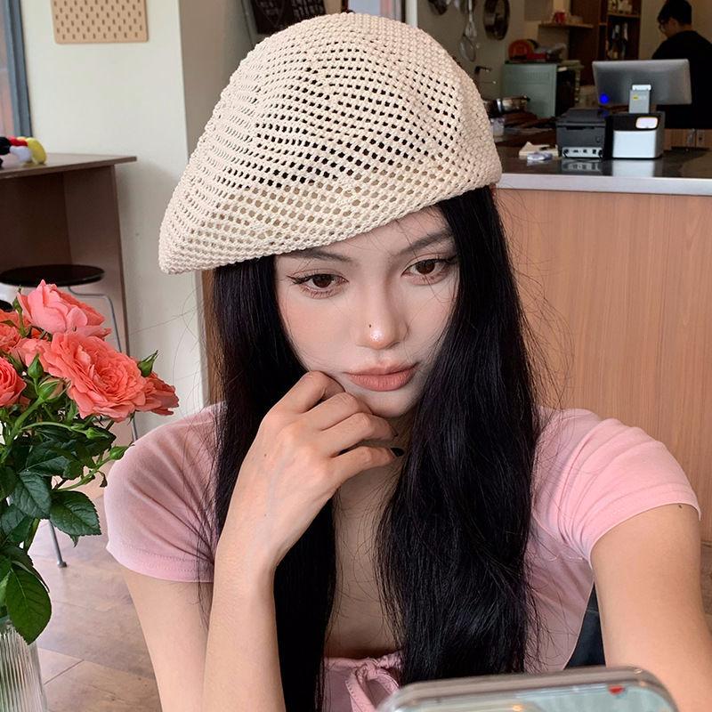 Korean Straw Woven Berets for Women Summer Thin Hollow Mesh Painter Cap Solid Color Breathable Female Lady Pumpkin Hats