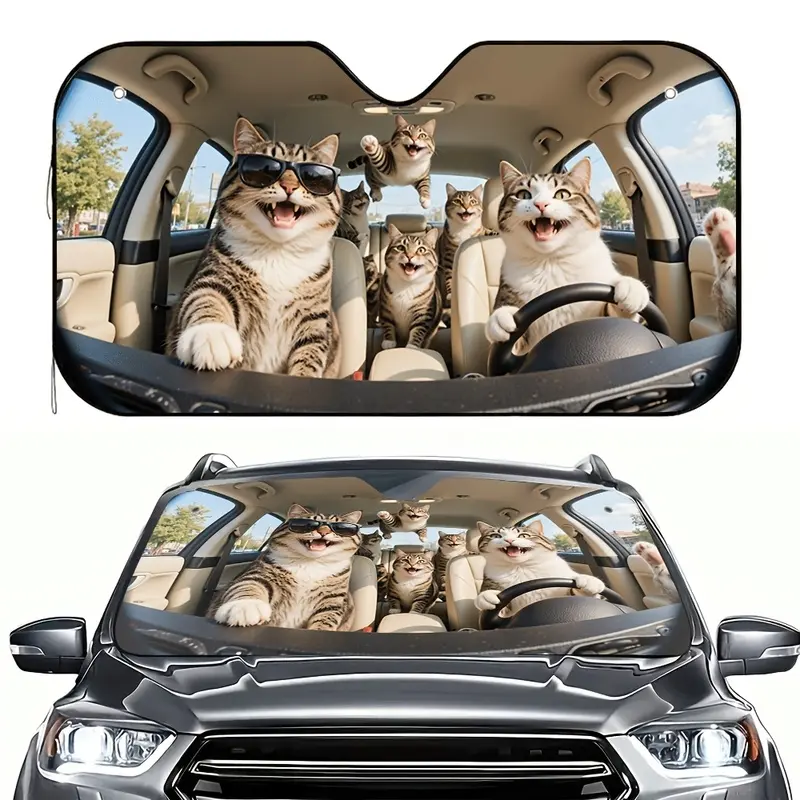 1pc, Funny Car Sun Visor - Cartoon Cat Design, Suitable for Cars, Suvs, Trucks - Keep Vehicle Cool, Front Window, Windshield, Reflective Material, Safe And Easy, Car Sunshades For Windshield