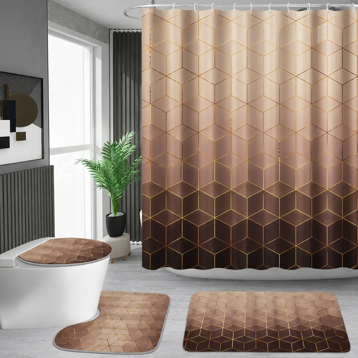 Golden cube pattern bathroom set, waterproof shower curtain with 12 hooks, non-slip bathroom carpet, toilet U-shaped cushion, toilet seat cover cushion, bathroom decoration, bathroom shower curtain set, perfect mobile gift.
