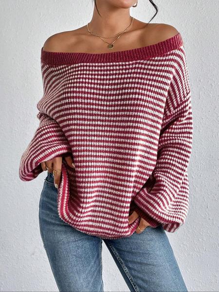 Women's Striped Drop-Shoulder Sweater, Casual Bishop Sleeve Boat Neck Jumper for Daily Outdoor Wear, Ladies Knitwear for All Seasons, Womenswear, Tops