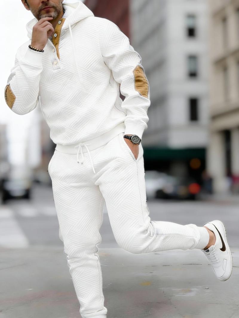 Vintage Style Men's 2-Piece Loungewear Set - Textured Fabric Hoodie with Button Placket & Contrast Details Casual Beige