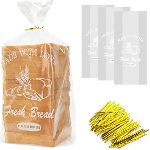Bread Loaf Packing Bags with Ties, Printed Large Bakery Homemade Bread Plastic Bags, 8" x 4" x 18",40 Pack, Printed Container Reusable Adjustable