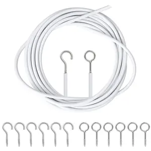White Curtain Wire Plastic Coated Window Picture  Wire with 8 Pairs of Screw Eyes and Hook 4 Meters