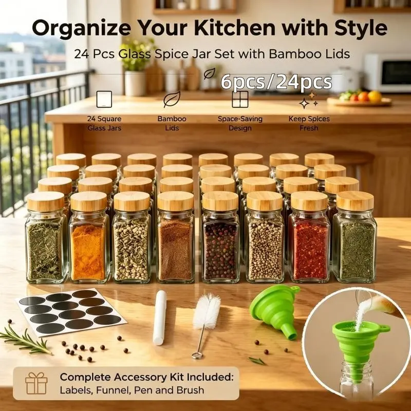 Set of 6/24 Square Glass Seasoning Jars, Spices Containers, Natural Bamboo Lid, Waterproof Labels, Foldable Silicone Funnel, Kitchen Storage Containers