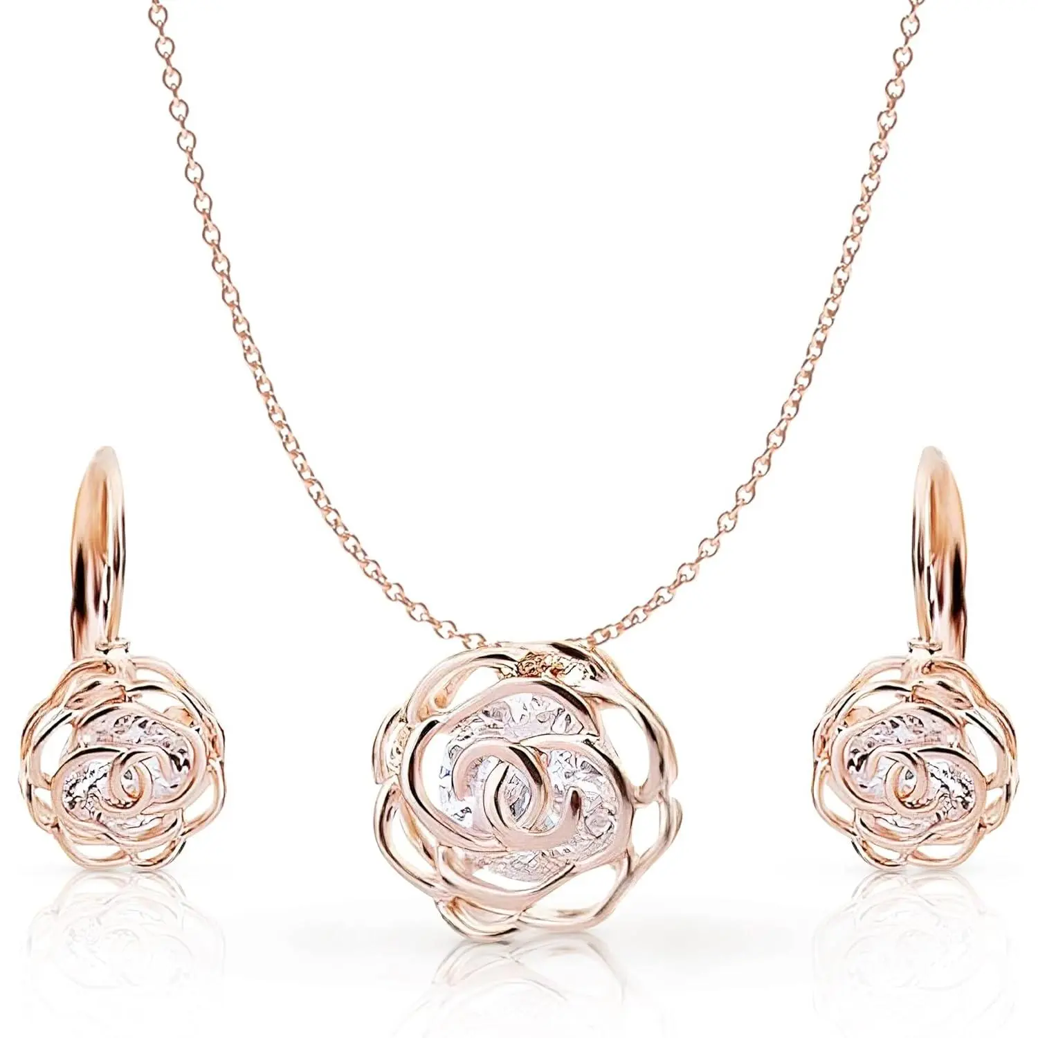 Crystalline Azuria Women 18K Gold Plated White Crystal Roses Flowers Necklace and Earrings Set for Women Wedding Party Bridal Bridesmaid Accessories
