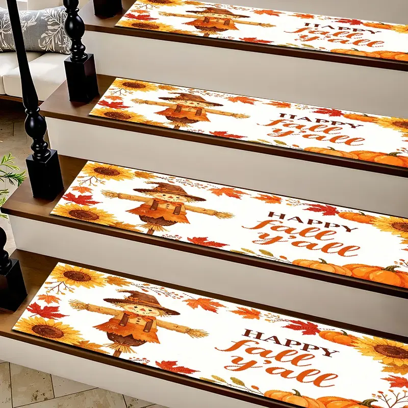 6/8/15 Piece Diatom Mud Stair Treads, Super Absorbent Non Slip Carpet Mats for Wood Steps, Quick Drying Moisture Wicking Stair Runners,Autumn Scarecrow Pumpkin Washable Rugs for Dogs Kids Elderly