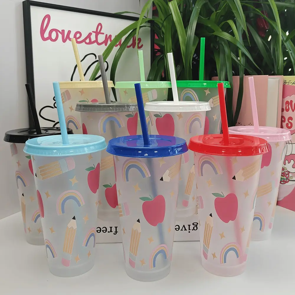 10pcs/24oz/710ml/Transparent Plastic Tumblers With Lid And Straw,Iced Coffee Cup,Festival Party Supplies,Whimsical Red Apples, Pastel Rainbows, Classic Pencils, Golden Stars Motif For Delightful Gifting