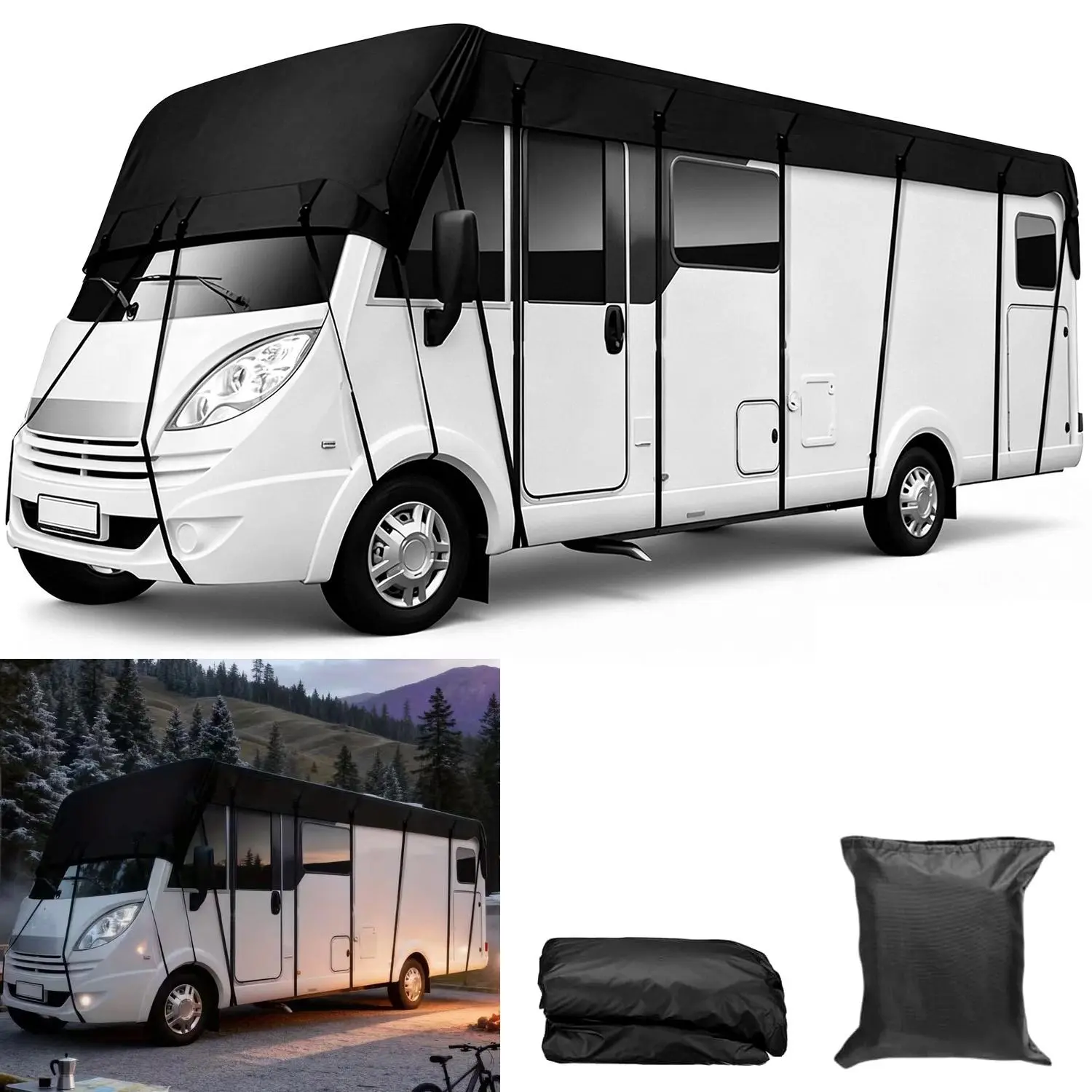 210T Waterproof RV Roof Cover, All-Weather UV Protection Camper Roof Cover with Adjustable Straps, Fits Class A/B/C Motorhomes