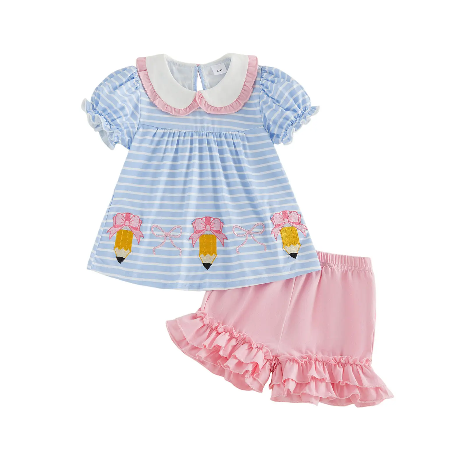 Toddler Baby Little Girls Back to School Outfits Pencil Bow Embroidery Short Sleeve Striped Dress and Ruffle Shorts Set 3-8 Years