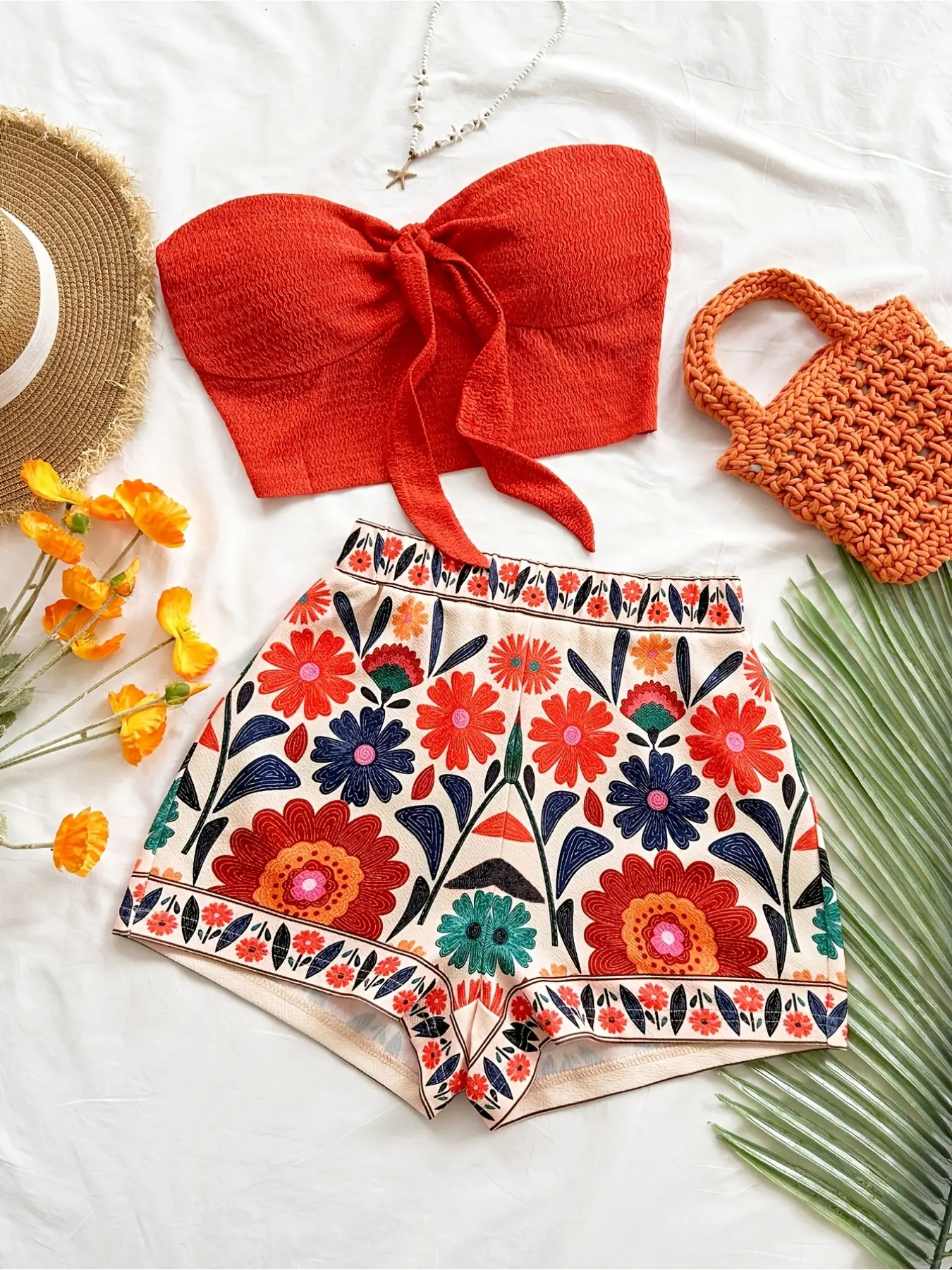 Women's Fashionable Vacation Outfits Set, Women's Beachwear, Women's Vacation Solid Color Knotted Crop Top and Printed Shorts Casual Two-Piece Set, Summer Gift Set