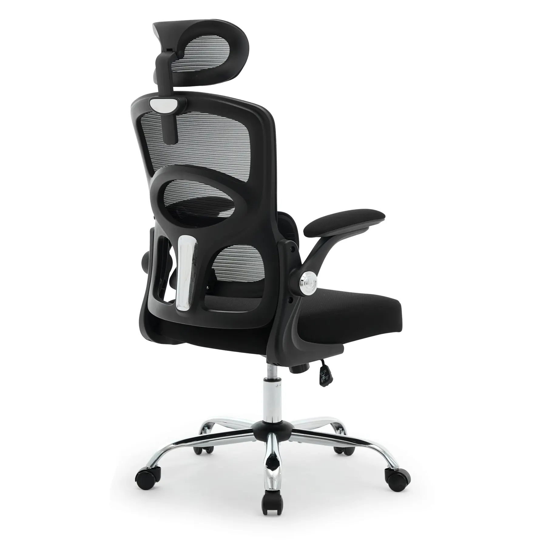 Ergonomic Mesh Office Chair – High-Back, Adjustable Headrest, 4-Level Lumbar, Turn-Up Arms, Breathable Padded Seat, Swivel Wheels, Electroplated Metal Base