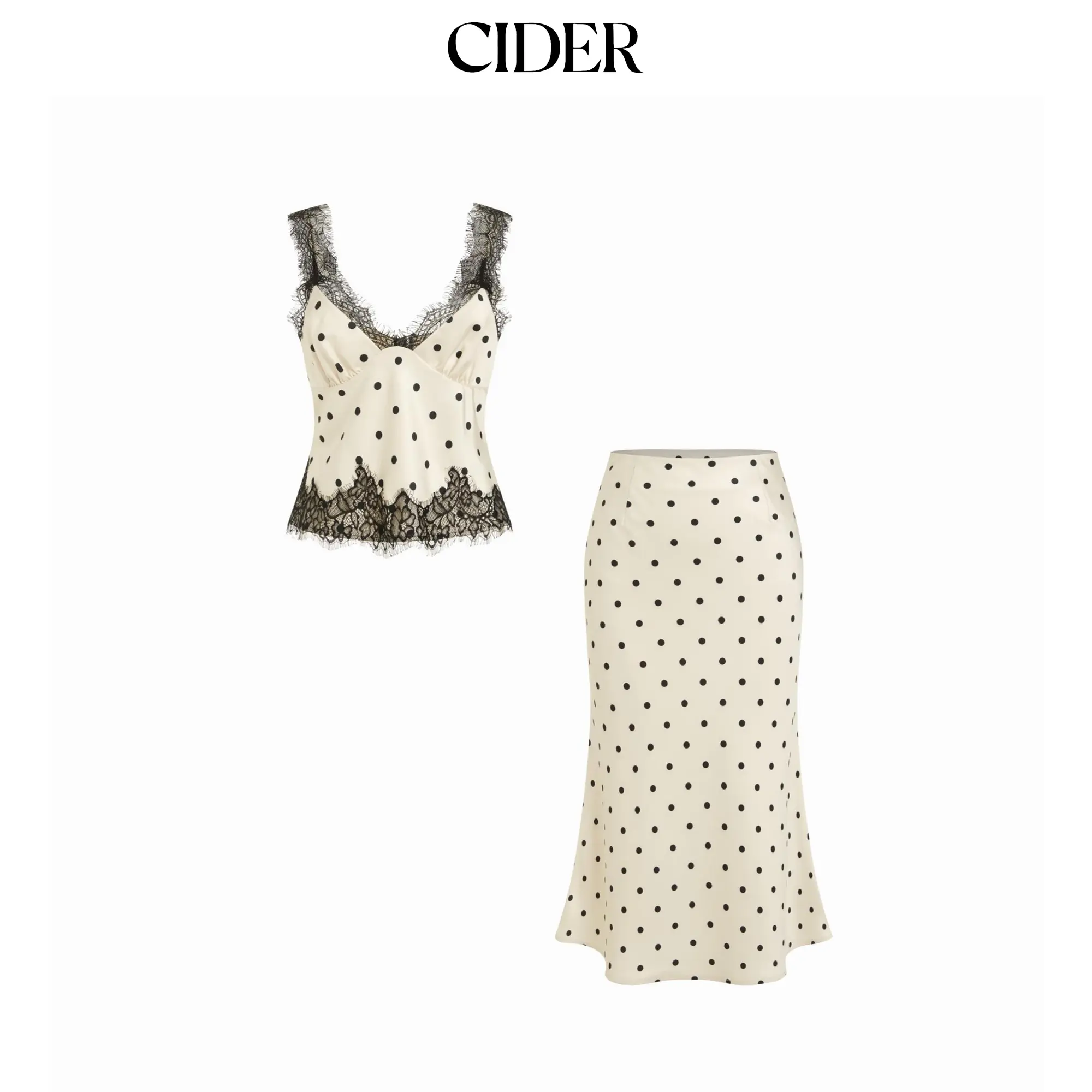 Cider Satin Polka Dot Lace Top & Mid Rise Mermaid Maxi Skirt Set SohoChic