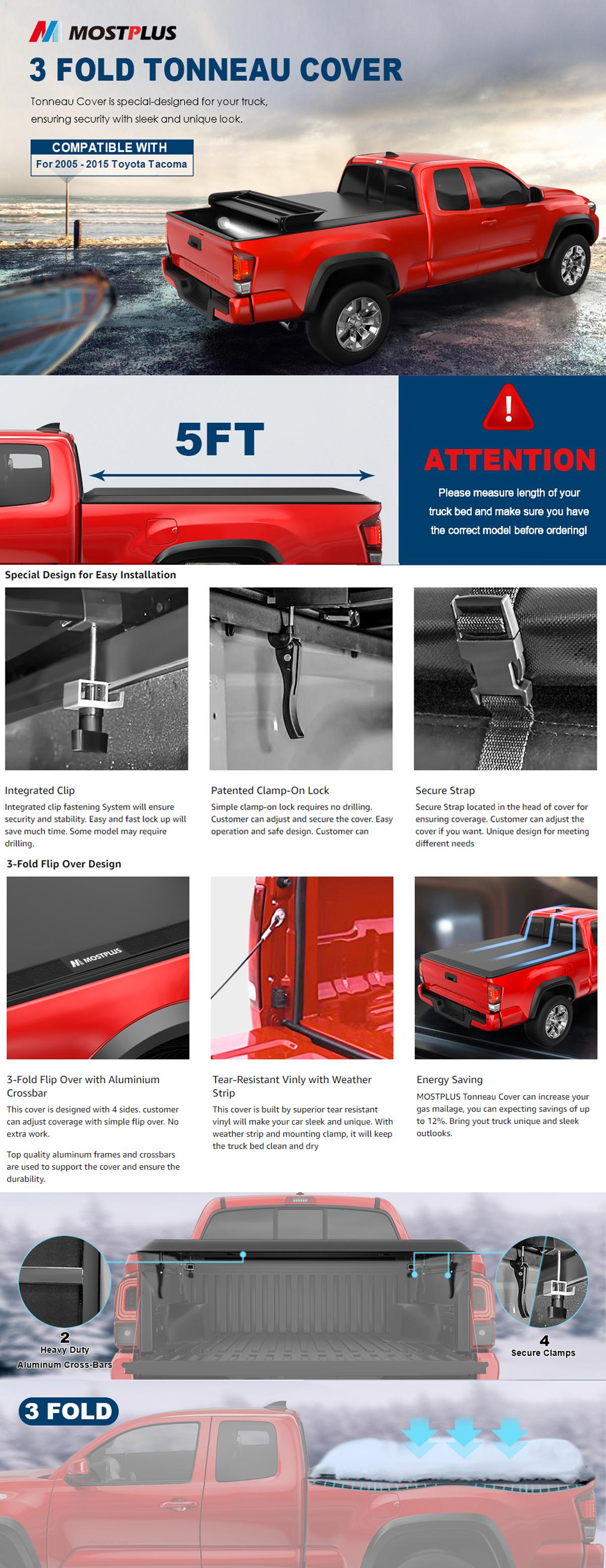 Tri-Fold Soft Tonneau Cover For Toyota Tacoma Truck Bed Car Accessories