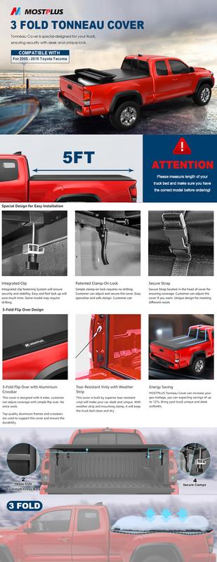 Tri-Fold Soft Tonneau Cover For Toyota Tacoma Truck Bed Car Accessories