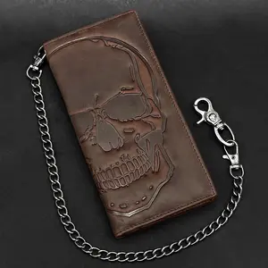 Rider Skull Chain Wallet Men Genuine Leather Motorcycle Credit Card Holder