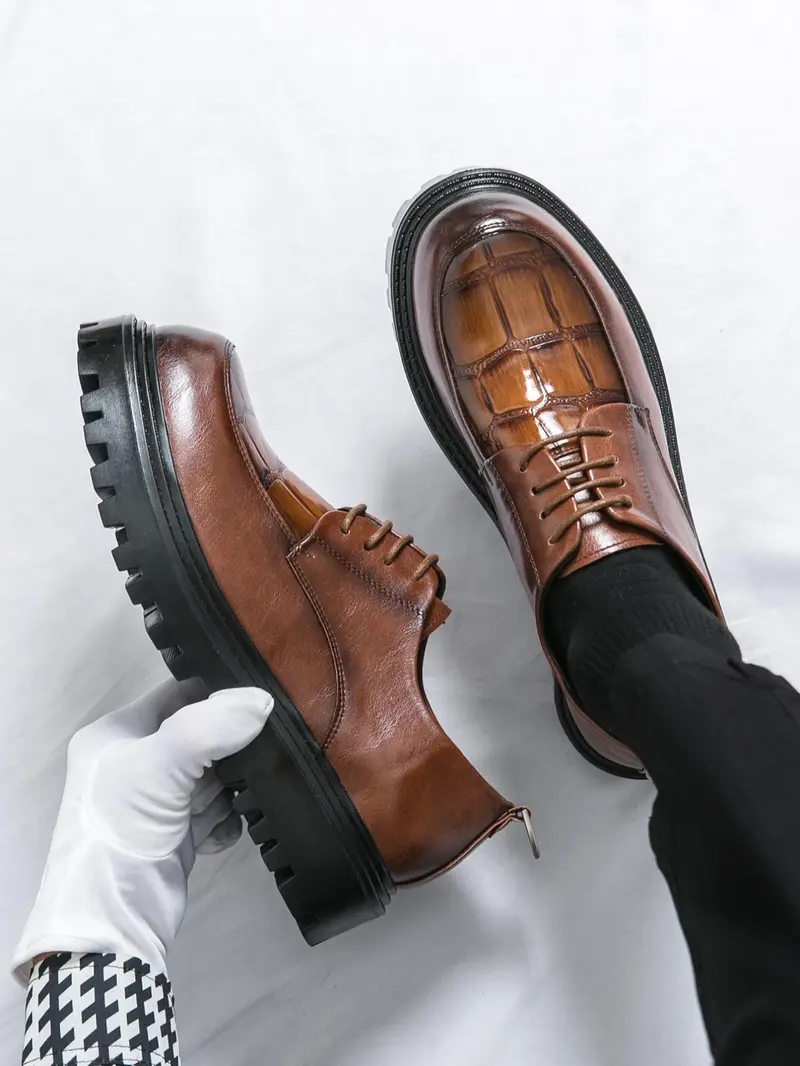 Men's Crocodile Pattern Lace-Up Derby Shoes, British Vintage Heel, Casual Leather Shoes, Trendy Streetwear, Commuter, Versatile Low-Top Dress Shoes, British Style Footwear