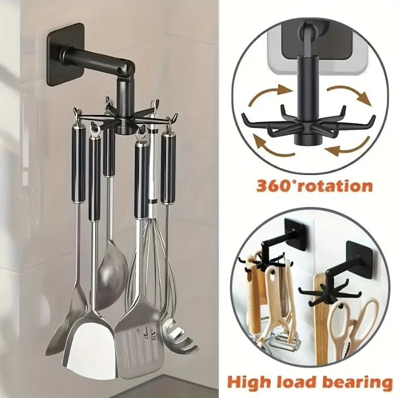 1pc 1pcs 360° Rotating Wall-Mounted Kitchen Organizer with Adhesive Hooks - No Drill Installation Suitable for Spoons, Spatulas, Knives, Pots & Pans, Under Cabinet & Ceiling Storage Shelf, Space-Saving for Utensils, Cookware, Gadgets