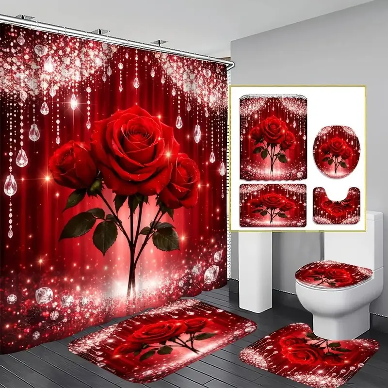 4-Piece Romantic Red Rose Bathroom Set - Complete Shower Curtain Set with U Shape and Toilet Cover, Elegant Love Themed Bathroom Decor, Suitable for Use