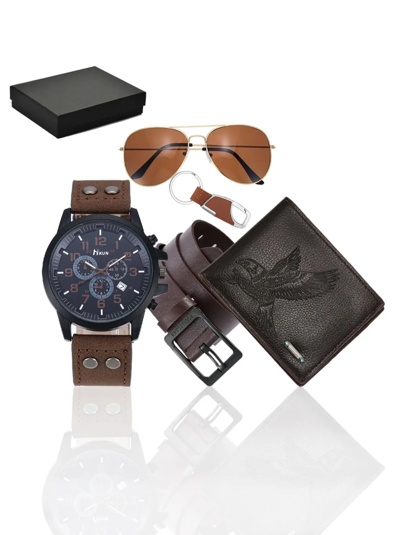 5pcs Men's Elegant Fashion Watch Gift Set, Men Accessories, Includes Belt, Wallet, Keychain, Glasses, Perfect for Birthdays, Holidays, Father's Day, Teacher's Day