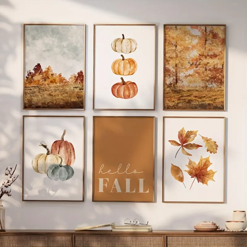 6pcs Unframed Autumn Landscape Wall Art Prints - Pumpkin & Fall Leaves Rustic Farmhouse Decor, Vertical Canvas Art for Living Room, Bedroom, Kitchen, Thanksgiving & Halloween Seasonal Home Decoration