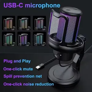 USB Gaming Microphone, Dynamic Condenser Mic, Ideal for Podcasts, Live Streaming, Recording, Quick Mute, Desktop Stand, Pop Filter, RGB Indicator, Shock Mount, Button, Compatible with PC, Ps4, Ps5, MAC