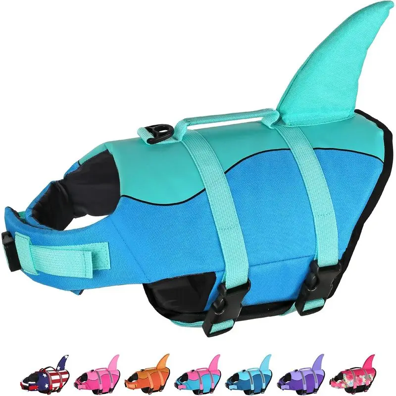 Shark Dog Life Jacket for Swimming & Boating, Adjustable Puppy Float Vest with Quick Grab Handle, Cute Dog Swim Jacket for Pool Beach & Lake, Pool Blue, XS