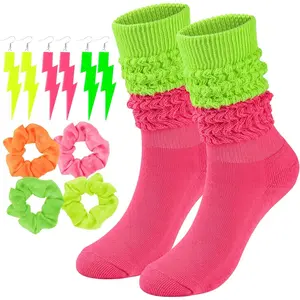 Neon Slouch Socks for Women, 80s 90s Scrunch Knee High Socks with Neon Earrings and Scrunchies for 80s 90s PartyGift.