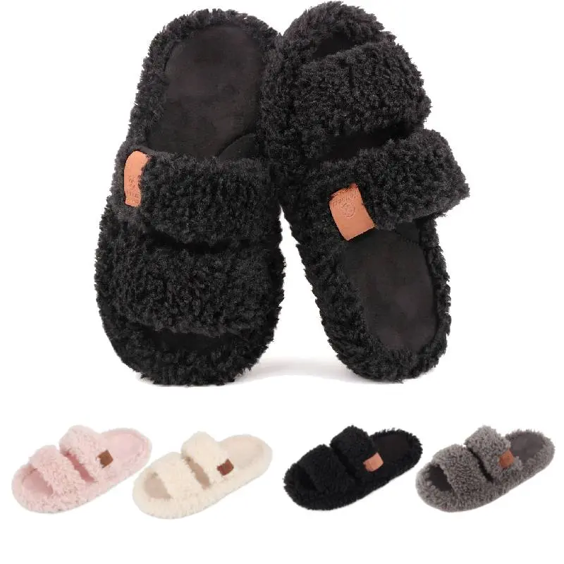 Women Fuzzy Slippers-Soft Open Toe Slippers with Memory Foam & Arch Support, Dual-Strap Warm Comfy Home Slides Indoor House Shoes Classic Fur