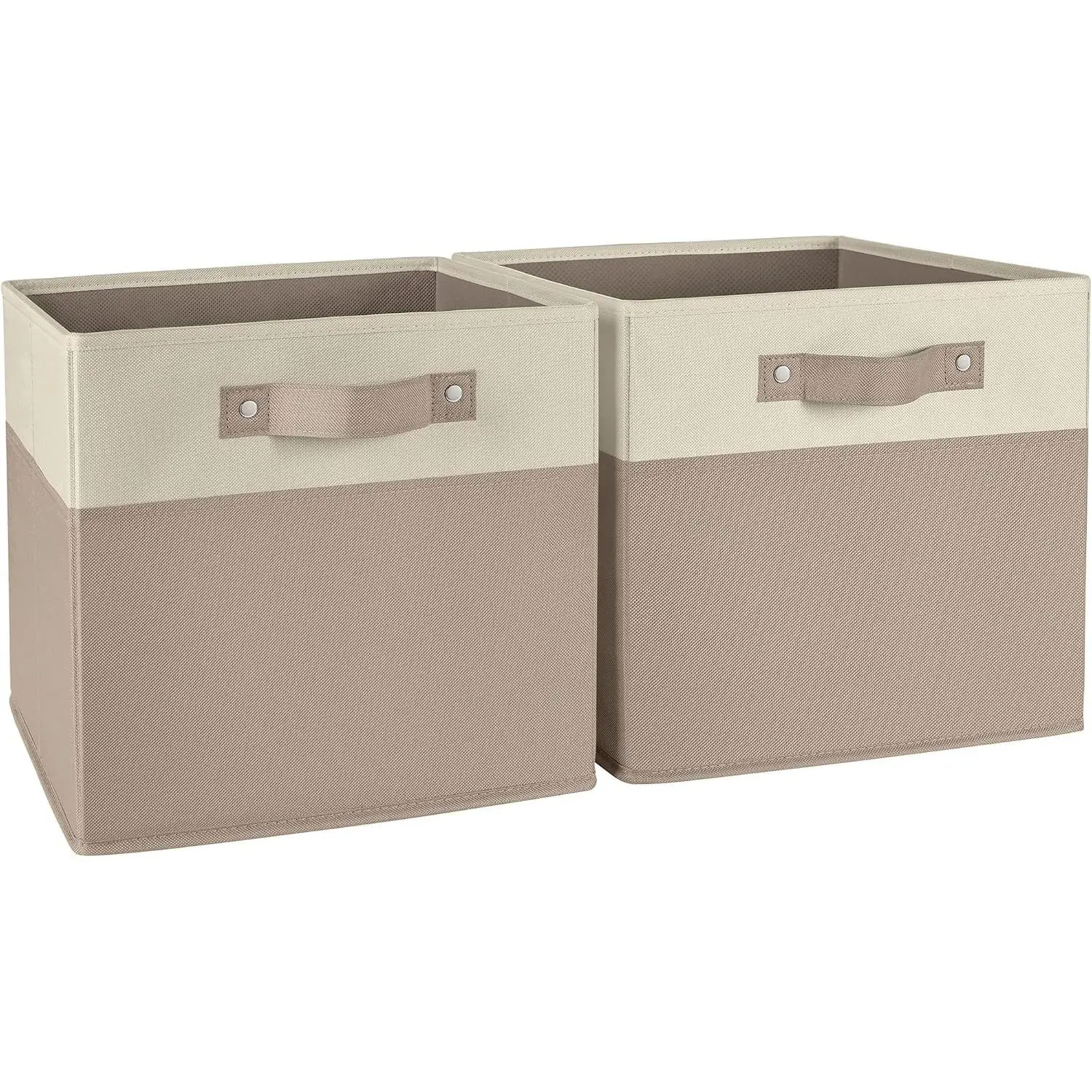 Two-Tone Folding Storage Bins - 2-pack of 10in Tall Taupe Cubes | Fabric Bins, Fabric Handles, Set of 2 Storage Cubes, Playroom Closet Organizer, Collapsible Cubby with Bottom Board Insert