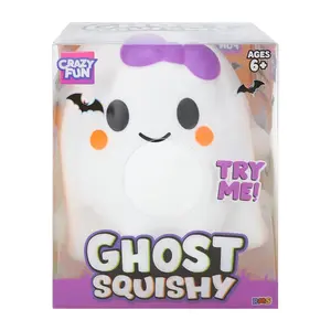 Crazy Fun RMS Ghost Squishy Squeeze Toy, Squeezable, White/Purple Bow, 1 Pc