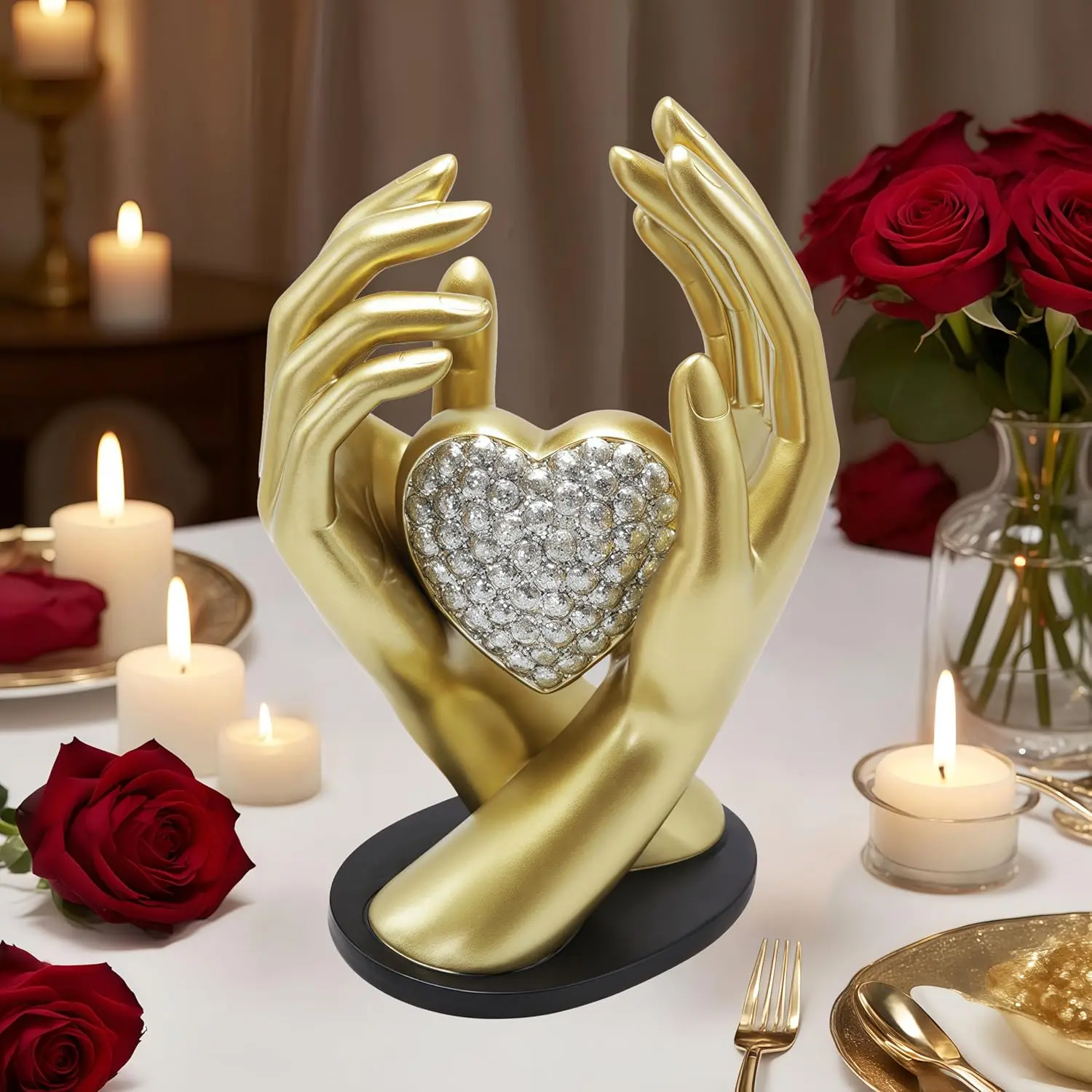 Minimalist Shiny Heart Hands Sculpture - Wedding Couple Gift, Table Statue, Home Decor Figurine for Living Room Cabinet Window Organiser, Anniversary Birthday Gift for Women Men