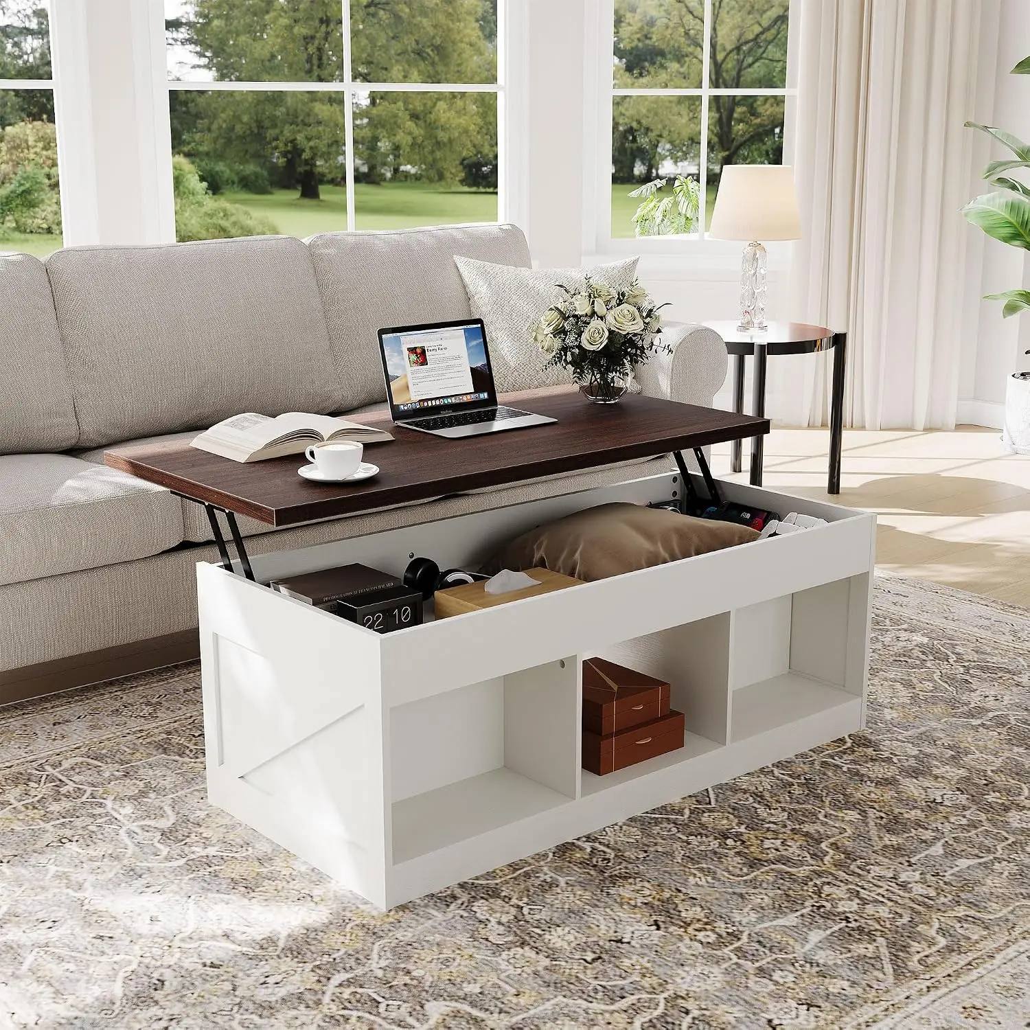 Smooth Slow Motion Lift-Top Coffee Table with Hydraulic System, Hidden Storage & Removable Shelf, Rustic Farmhouse Design, Sturdy Wood Metal Construction, Easy Assembly