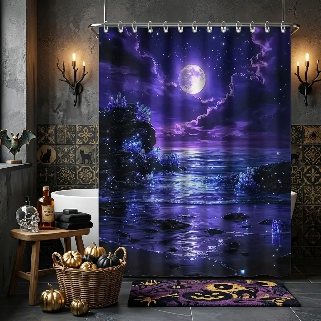 1pcs Night Ocean Full Moon Crystal Celestial Aesthetic Shower Curtain, Mystic Starry Sky Seaview Art, Halloween Magical Coastal Scenery, Bathroom Decor