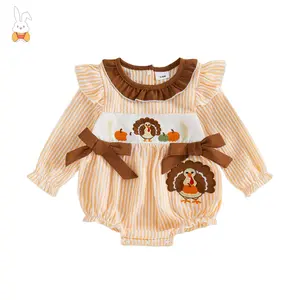 My First Thanksgiving Baby Girl Outfit Newborn Turkey Bubble Romper Long Sleeve Smocked Onesie Jumpsuit Fall Clothes