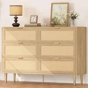 6 Drawer Dresser, Rattan Chest of Drawer, Farmhouse Wooden Dresser with Metal Legs, Wide Double Drawer Dresser, Large Drawer Unit for Bedroom, Living Room, Nursery, Natural
