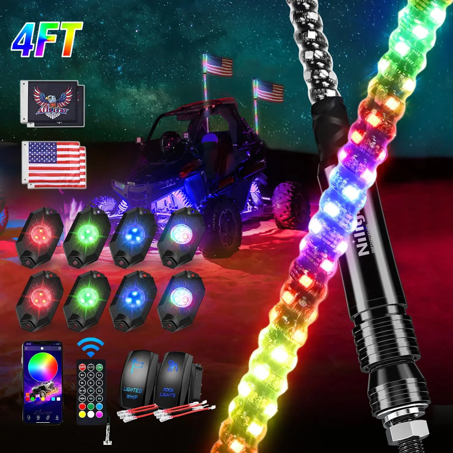 Nilight 2PCS 4FT Stainless Steel LED Whip Tubes & 8PCS Aluminum Rock Light Combo Kit, 200% Super Brighter IP67 Rated RGB LEDs, Remote & App Control, DIY Chasing Patterns, Stop/Turn/Reverse Functions, Sync Music, Adjustable Ambient Lights for ATV, UTV