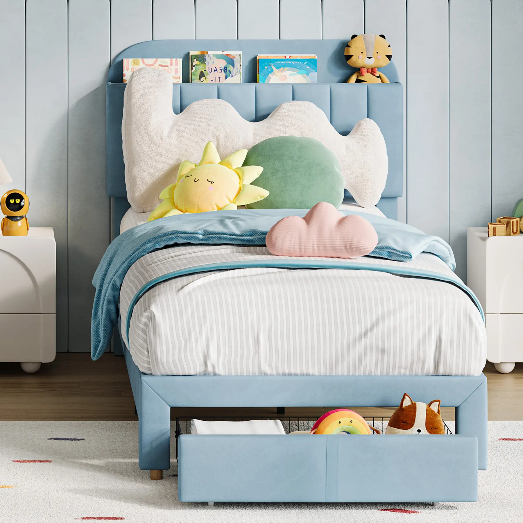 Twin Upholstered Platform Bed w/ Large Storage Drawer & Bookcase Headboard Noise-Free, Easy Assembly, No Box Spring Needed