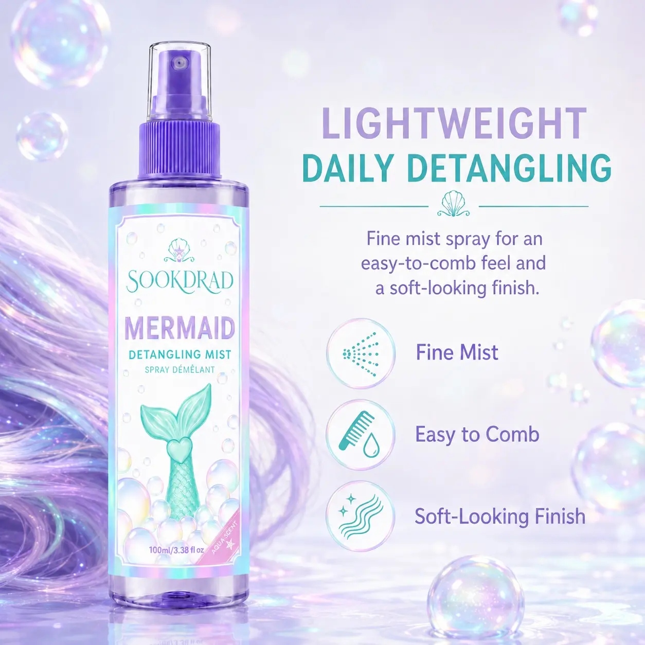 Mermaid Detangling Mist, Aqua Scent, Detangling, Hair Care, For Untangling Hair, 100ml/3.38fl oz