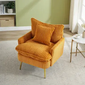 Yellow Corduroy Single Accent Chair, Solid Wood & S-Spring Frame White Metal Leg High Density Sponge 1-Seater Easy Assembly Anti-Fade Wrinkle-Resistant Living Room Bedroom Lounge Furniture