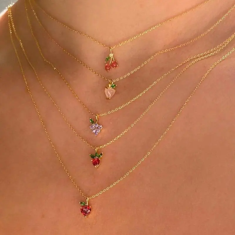 Y2K Ins Jewelry Zircon Colorful Apple Banana Lemon Cherry Watermelon Fruit Necklace For Women Girl Fruit Pendant Necklaces