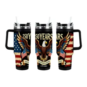 Vintage Distressed Patriotic Gift Tumbler 40oz With Ergonomic Handle & Straw, 250 Year Anniversary Bald Eagle Wing US Flag Ribbon Graphic Black Insulated Car Cup, 4th of July Independence Day Souvenir Drinkware, Double Wall Stainless Steel