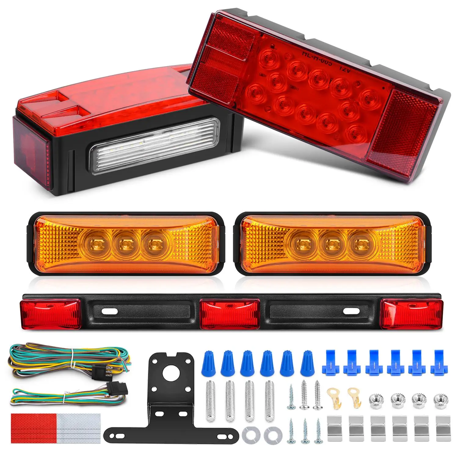 Nilight Waterproof LED Trailer Safety Lighting Kit - 2 Red Rectangular Stop/Turn/License Units, 3.9in Amber Marker Lights, 1 9LED ID Bar, 1pc Trailer Harness Kit, Black for 12V DC Vehicles, Boats, Tractors