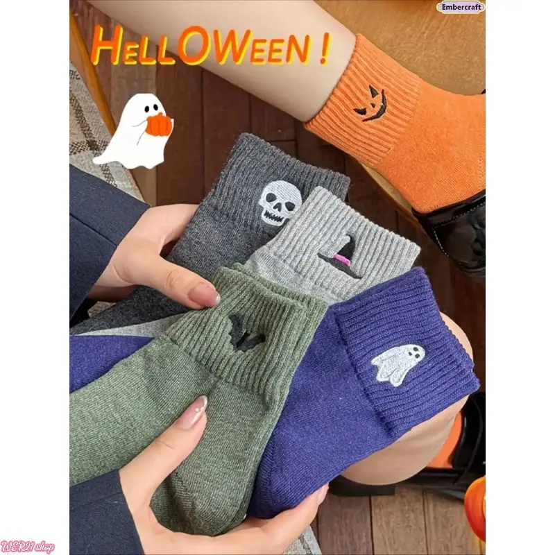 [HalloweenTok]Viral Cute Halloween Socks for Women, 5 Pairs Cozy Novelty Crew Socks Set, Funny Pumpkin Ghost Cartoon Mid-Calf Knit Socks, Soft Stretch Warm Fall Winter Essentials for Daily Wear, Halloween Party, Work, School & Gifts