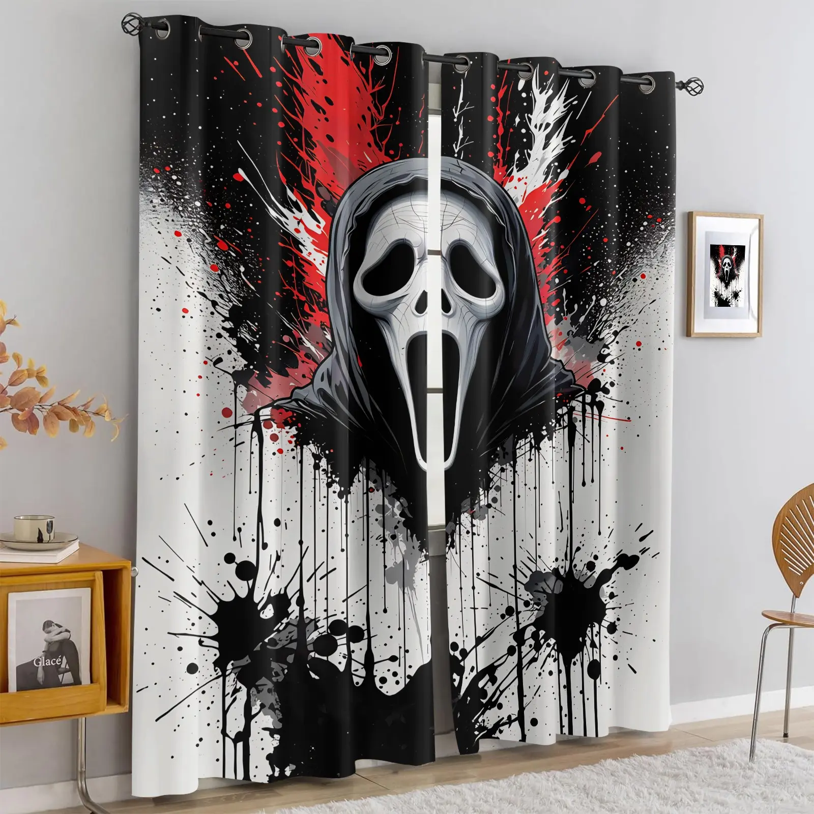 2 Panels Ghostface Scream Blackout Curtains, Horror Movie Mask Red Black Ink Splash Drip Art Print Grommet Top Window Drapes, Thermal Insulated Machine Washable Light Blocking Curtains for Halloween Bedroom Teen Room Spooky Gothic Home Decor