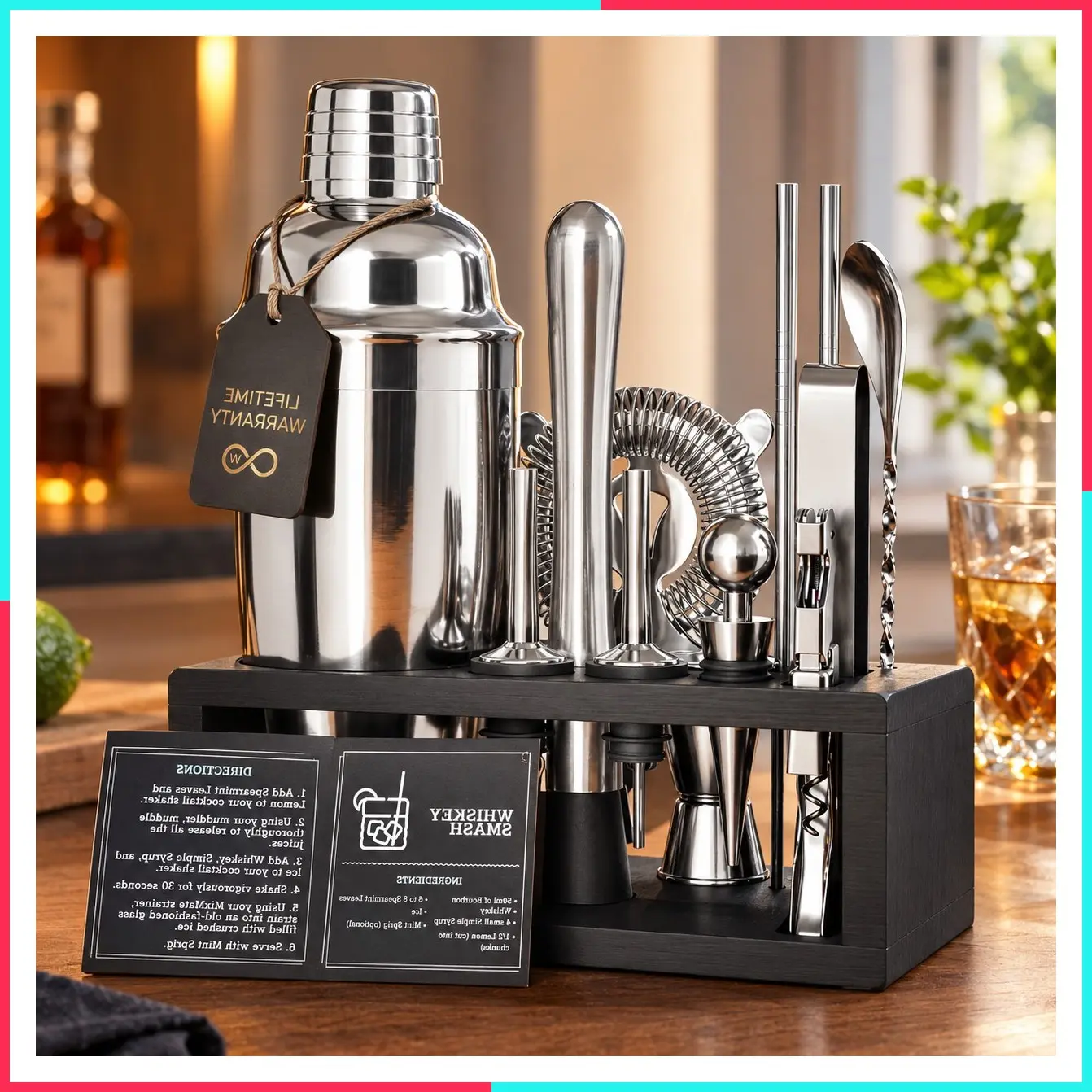 Mixology Bartender Kit with Stand - 15 Piece Bar Tool Set, Silver Cocktail Shaker Set for Drink Mixing - Includes Martini Shaker, Jigger, Strainer, Mixer Spoon, Tongs, Opener | Gift Idea