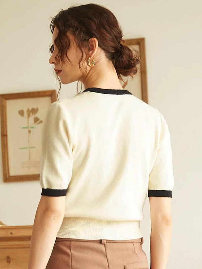 Women's French Knit Commuter Top, Colorblock Round Neck Short Sleeve Loose Fit T-Shirt, Casual Summer & Spring Fashion