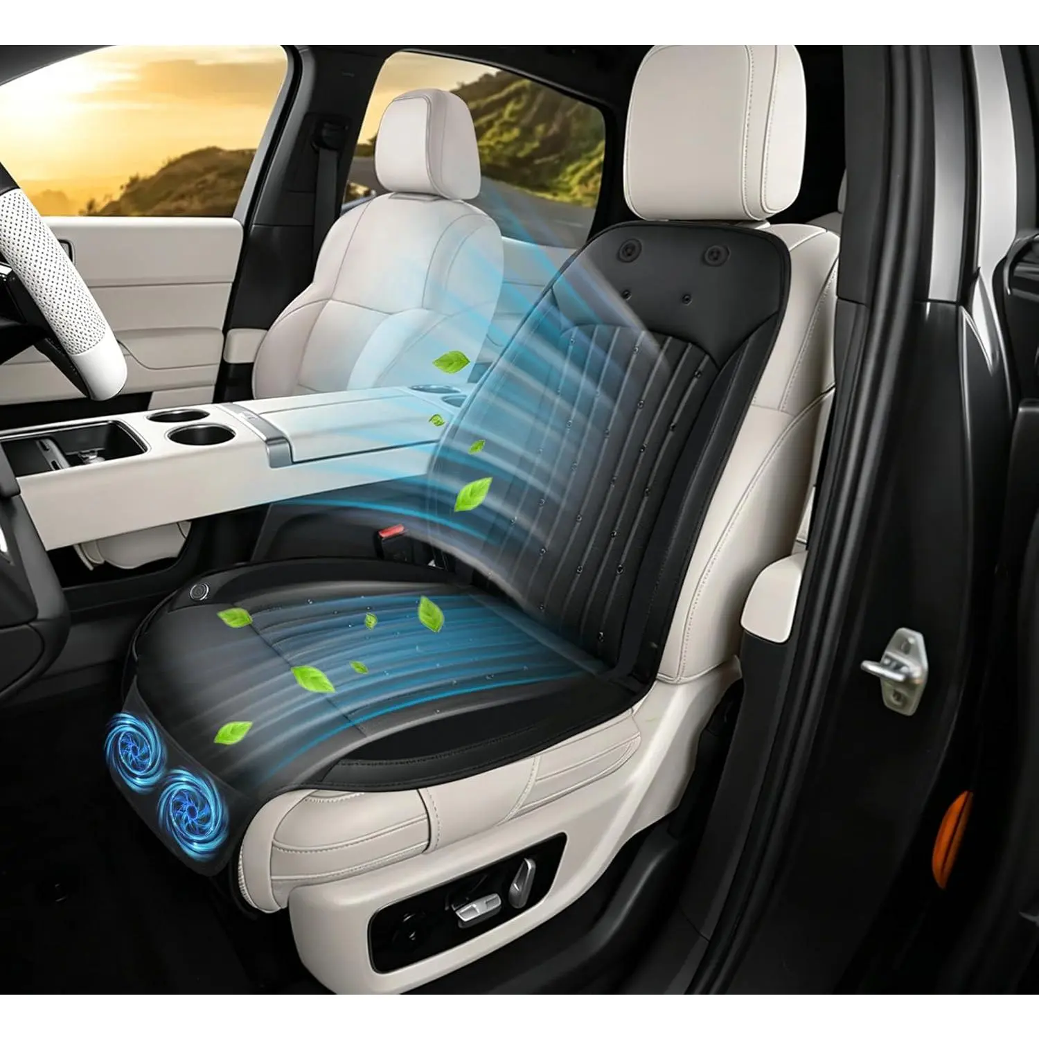Cooling  Seat Cover Front Driver Seat, 12V Ventilated  Seat Cushion with  Auto /Off, Breathable Mesh & Leather AC Seat Protector, Cooling Fan Seat Cover for  SUV ,Black