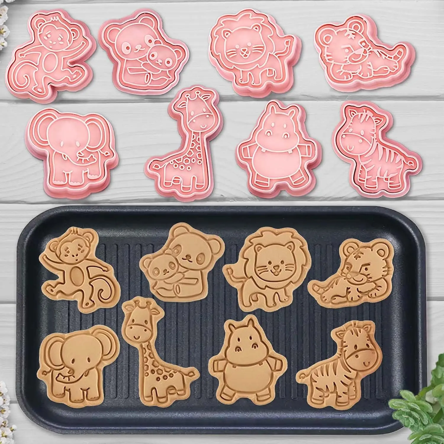 8 Mini  Cookie Cutters Set,  Raised Design  Embossing , Lion, Tiger, Panda, Elephant, , Giraffe, Monkey, Hippo, Baking Molds (Forest)