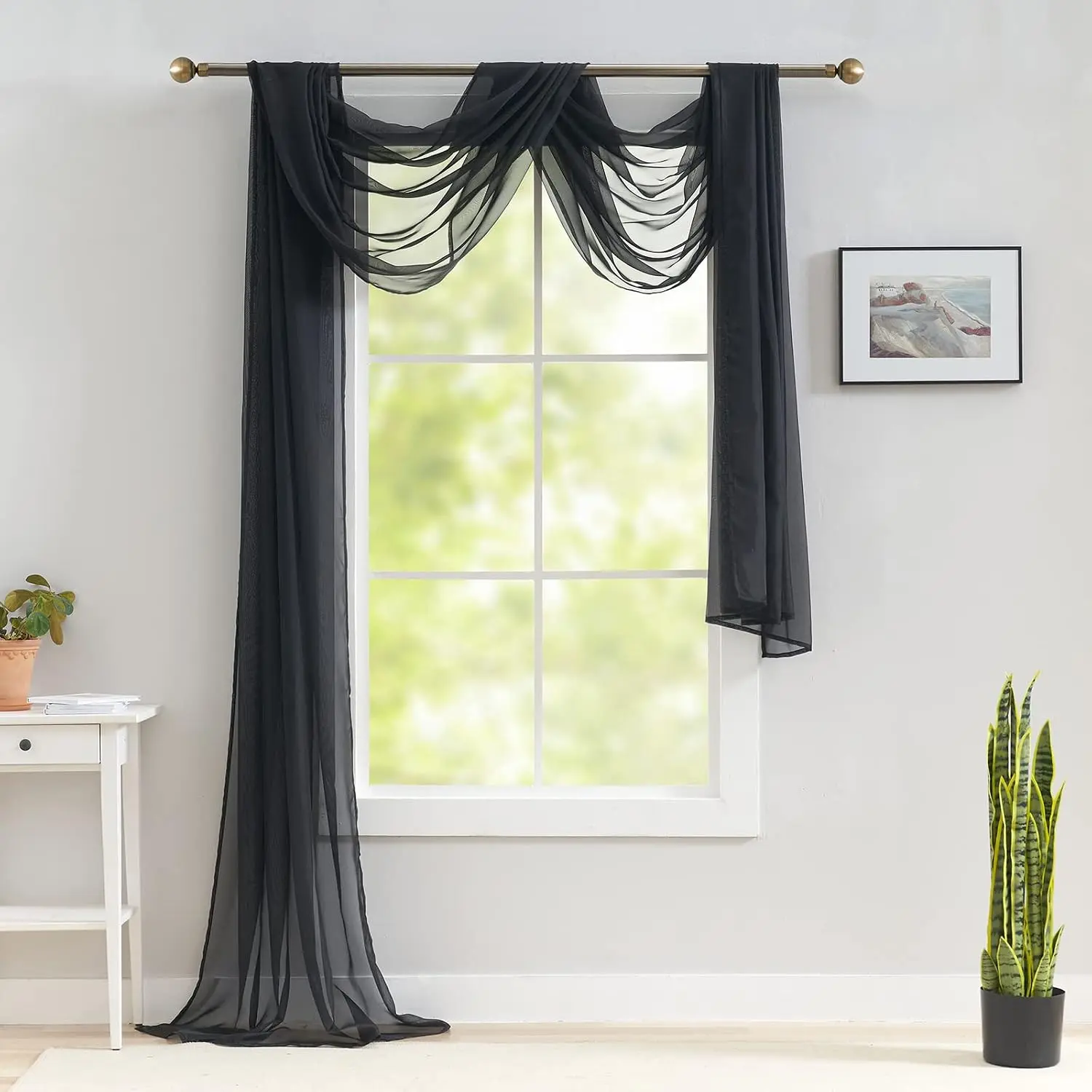 Black Sheer Scarf Valance Curtain, 216 Inch Long Voile Window Curtain for Party/Wedding/Birthday/Revelry/Carnival, Decor for Canopy Bed/Living Room/Wall