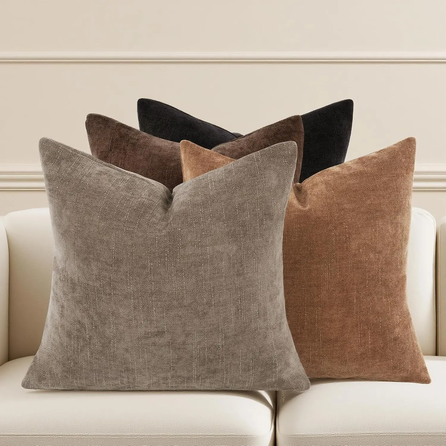 Farmhouse Decor Throw Pillow Covers 18x18 Inch Set of 4, Solid Textured Cushion Covers for Couch, Sofa, Bed – Fall Pillow Covers in Taupe Grey, Light Brown, Brown, Black